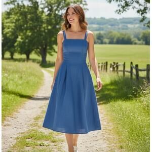 Cotton Blue Summer Dress Pleated With Pockets 30R Size M FITS LIKE‎ A S